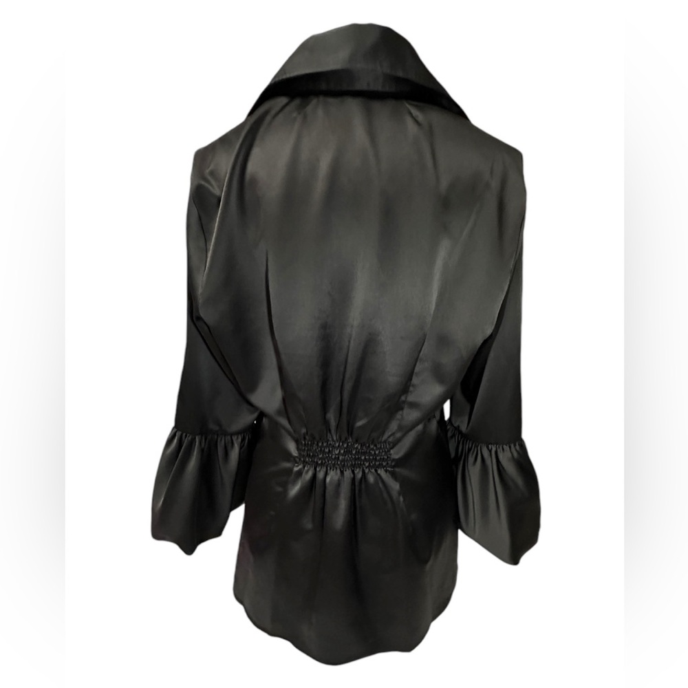 BCBG Max Azria women's black 3/4 bell sleeve button down shiny shirt,‎ Size: M - Picture 2 of 9